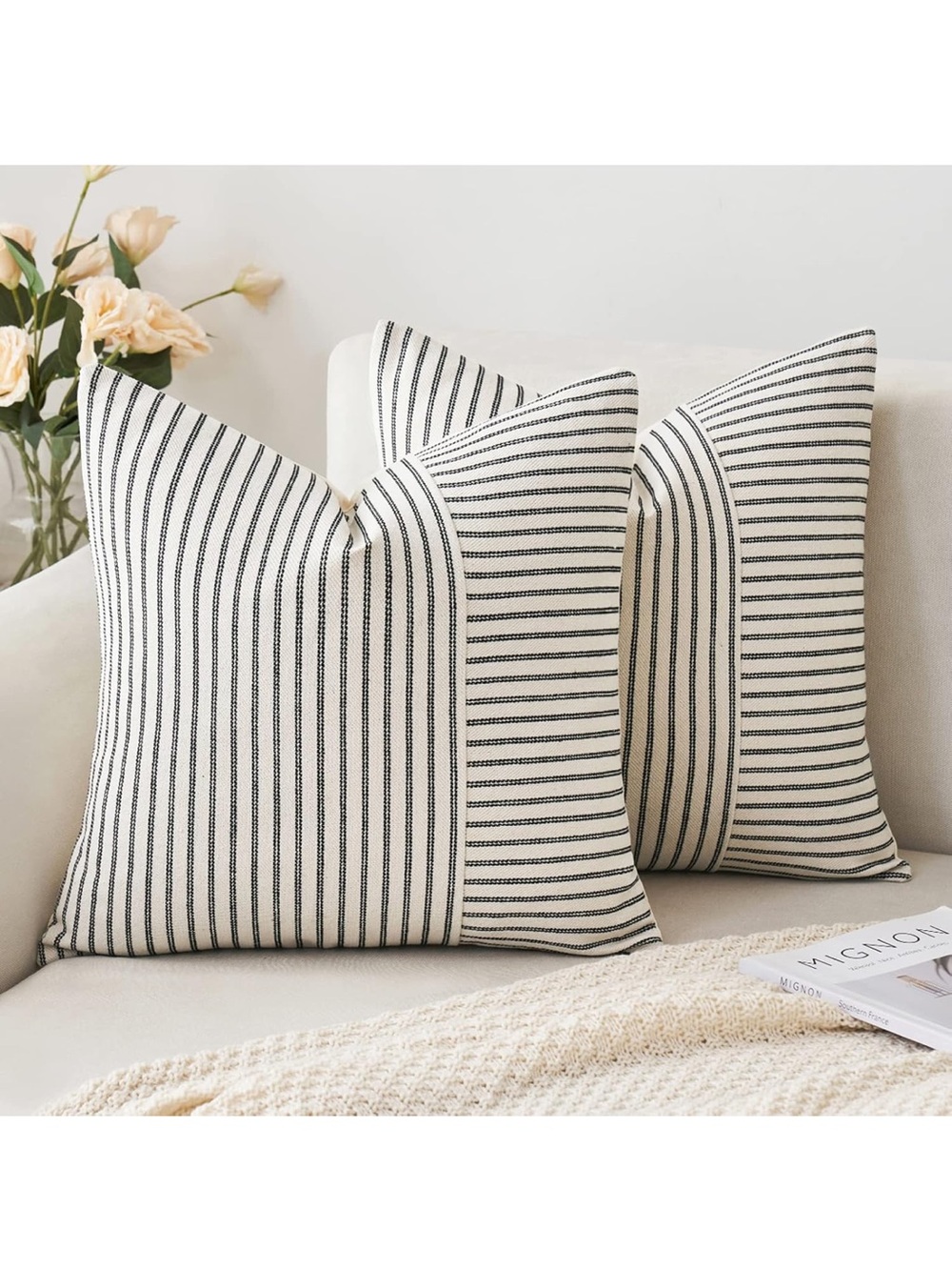 Striped Black and Cream Throw Pillow Covers - Set of 2